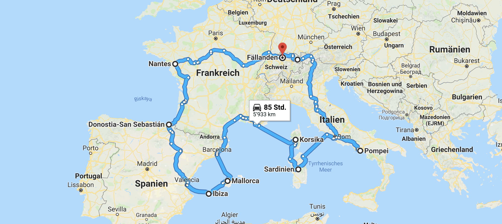 strecke der catrophy rally 2019. sie führt durch spanien, frankreich über 5 inseln nach italien.